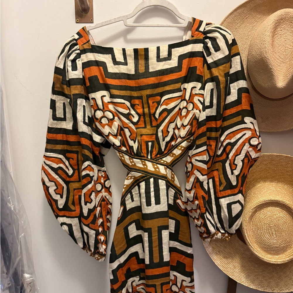 Johanna Ortiz Geometric Long Sleeve Dress in Orange, Black, and White